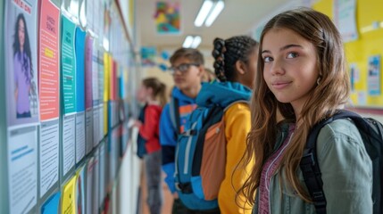 A student council election poster on a school bulletin board, vibrant and eyecatching, surrounded by students reading it with interest