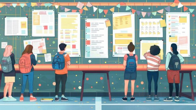 A student council election poster on a school bulletin board, vibrant and eyecatching, surrounded by students reading it with interest