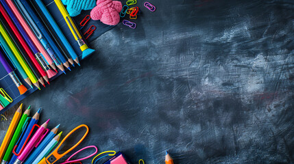 A collection of school supplies arranged on a background, featuring notebooks, pens, pencils, and other essentials, embodying the back-to-school concept.