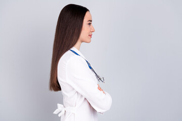 Profile photo of charming attractive woman student intern wear white doctor robe empty space...