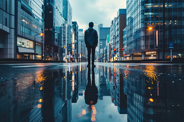 horizontal illustration of a man standing in the middle of an empty street right after rain ends, reflections in a puddle