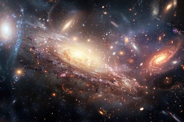 Fototapeta premium Numerous galaxies floating in the vastness of space, A cluster of galaxies colliding and merging in a celestial dance, Conceptual universe and galaxies supernova concept, AI generated