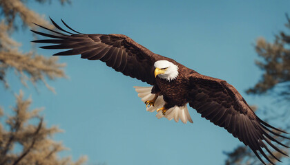 Fototapeta premium A bald eagle soaring above the forest, clear blue sky 