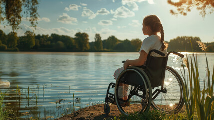 portrait of young sad girl sitting in wheelchair at a lake