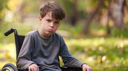 Fototapeta premium portrait of young sad boy sitting in wheelchair outsida at park