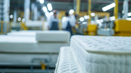 A mattress factory with workers standing behind a white mattress