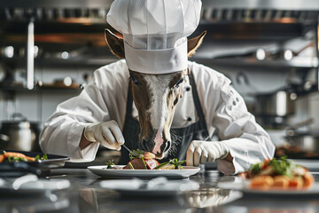 A cow chef in a professional kitchen, meticulously plating a dish, showcasing culinary skills and attention to detail in a humorous setting.
