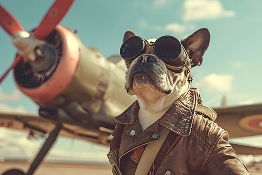 A French bulldog in vintage pilot gear standing confidently in front of a propeller plane, evoking a sense of adventure and aviation history.