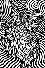Fototapeta premium Monochrome Surreal Wolf on Psychedelic Swirling Background - Hypnotic Black-and-White Optical Illusion Ink Illustration 