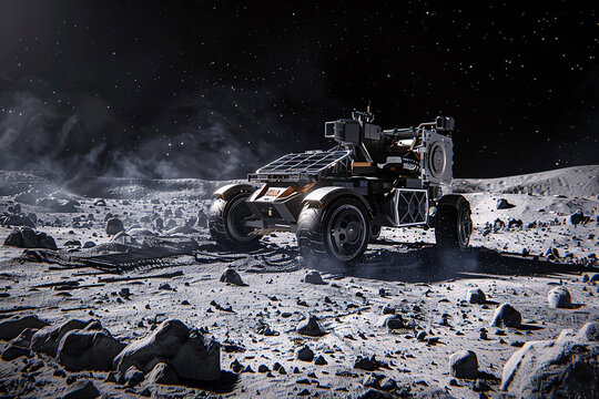 A futuristic lunar rover on the moon's surface under a starry sky, symbolizing space exploration and technology.
