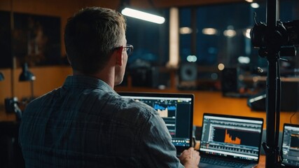 A man focused on his work, using multiple screens in an office environment with warm lighting and a modern setup.
