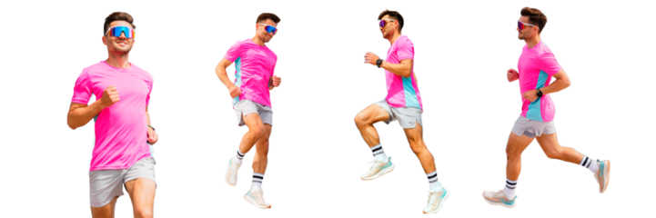 A collage of athletes, men and women, running in sports gear, doing fitness and warm-up exercises. cut out
