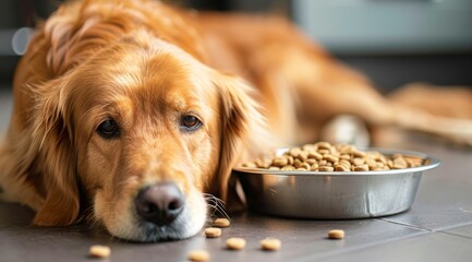 Concept of a dog refusing to eat. A sad dog lying on the floor next to a food bowl, refusing to eat, pet health, appetite loss, sick dog, pet care, no appetite, dog problem, feeding, dog health