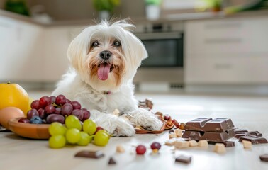 Maltese Dog Surrounded by Harmful Foods on Kitchen Floor, dangerous food, kitchen, dog, pet, chocolate, grapes, nuts, apple, unhealthy food, pet safety, dog health, grape toxicity, animal nutrition