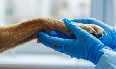 Concept of Veterinary Care and Animal Help. Dog Paw in the Hand of a Blue-Gloved Veterinarian Close-Up, vet hands, pet doctor, vet clinic, animal hospital, pet health check