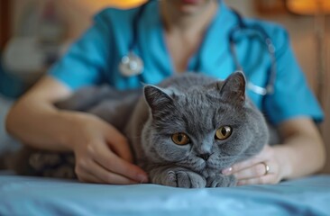 Concept of Veterinary Care and Animal Help. Veterinarian Examining British Shorthair Cat at Animal Clinic, vet visit, pet examination, cat
