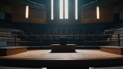 A modern, empty auditorium featuring a central stage and tiered seating, illuminated by vertical lights from the ceiling.
