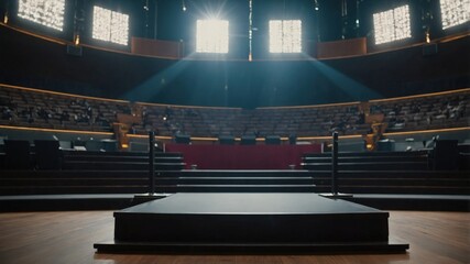 An empty auditorium featuring a central stage with spotlights shining through windows, ready for an upcoming event or performance.
