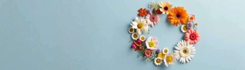A beautiful wreath of colorful flowers on a blue background.