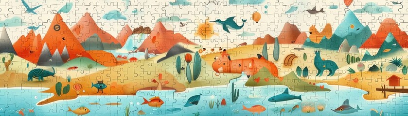 Fototapeta premium A colorful illustration of a world map with animals and plants from different continents.