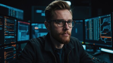 Fototapeta premium A focused cybersecurity expert with glasses works in a dark room, analyzing complex data on multiple monitors. 