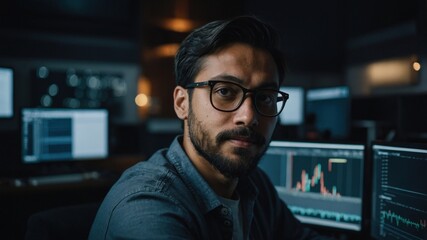 Fototapeta premium A data analyst with glasses works in a high-tech office, surrounded by multiple monitors displaying charts and graphs. 