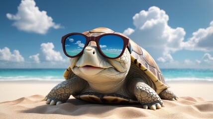 A turtle with sunglasses relaxing on the sandy beach.