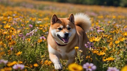 A Shiba dog happily running through a field of colorful flowers.