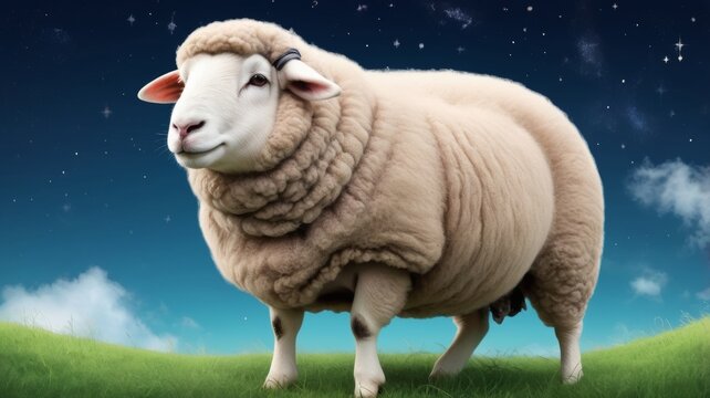 A sheep standing in a grassy field under a starry night sky with clouds.