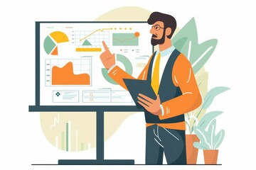 An entrepreneur confidently presents a business plan with a projector, delivering a startup pitch with strategic emphasis and visual presentation.