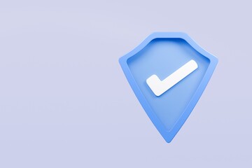 3d Realistic shield security with checkmark icon. Protection, approved, security, guaranteed concept. Minimal blue and white shield verified badge icon isolated on purple background. 3d rendering.