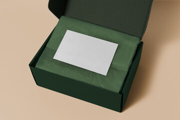 Business card png mockup, transparent label design, green mailing box
