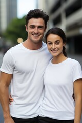 Fototapeta premium Young, happy couple wearing casual white t-shirts, standing closely together,