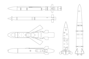Isolated outline missile drawing. Industrial set of ballistic and cruise missile. Contour strategic weapon blueprint. War technology. Aircraft military bomb