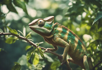 Fototapeta premium A chameleon blending into the foliage, midday sun 