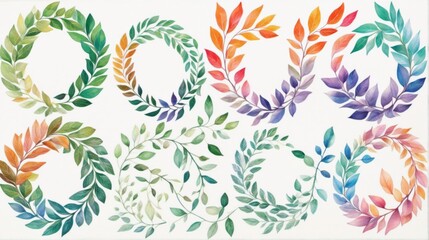 Fototapeta premium Colorful watercolor laurel collection nine circular wreaths made