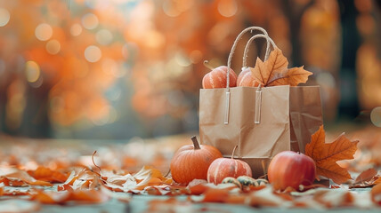 Shopping bags with maple leaf , pumpkins, decoration for Thanksgiving and autumn seasonal promotion. copy space