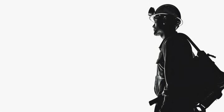 dark silhouette of unrecognizable miner on a white background