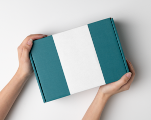 Product belly band png mockup, transparent label design, blue parcel box