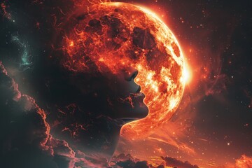 Obraz premium Fiery Woman's Silhouette with Exploding Planet Sci Fi Art Digital Illustration Cosmic and Dramatic Vibrant Colors and Light Effects