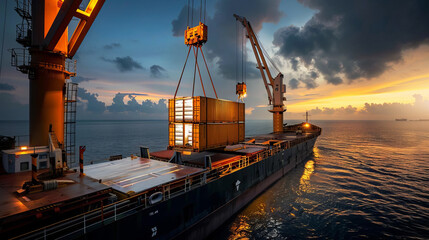 Fototapeta premium A refrigerated container being loaded onto a cargo ship