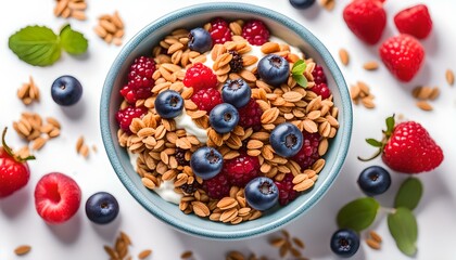bowl of granola with yogurt and berries isolated on white background, top view
