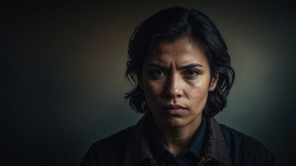 Fototapeta premium A woman with short hair gazes intensely at the camera, illuminated by moody lighting that highlights her serious expression and contemplative mood. 