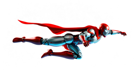 Flying Robot Superhero with Red Cape Isolated in background