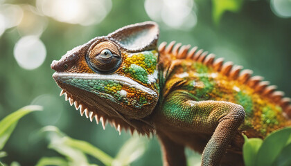 Obraz premium A chameleon blending into the foliage, midday sun 