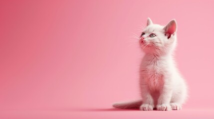 A white kitten is sitting on a pink background.