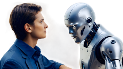 A high-resolution image depicting a close-up interaction between a human and a robot in a transparent background.