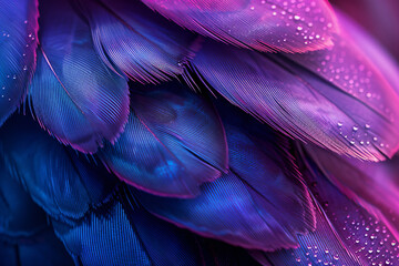 
Close up of beautiful purple and blue feather texture background, macro photography, copy space concept. Abstract wallpaper design for fashion print on demand products