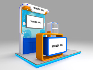3d illustration stand booth 3x2m with table receptionist rack display and blank LED TV screen for logo company for event exhibition. Image background isolated.