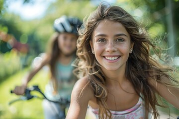 A memorable close-up of a mother and daughter riding bicycles together in a park. Their expressions of joy and excitement capture the fun and freedom of their Mother's Day adventure, surrounded by